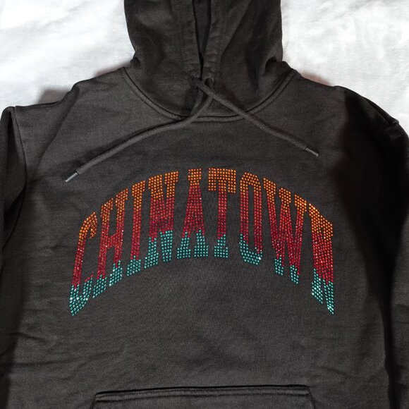 Chinatown Market Rhinestone Hoodie Mens Large Spellout Washed Black - Picture 2 of 10